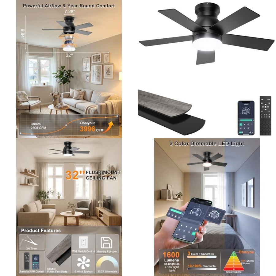 Ceiling Fan Low Profile Flush Mount - Ceilg Fans with Lights, Low Profile