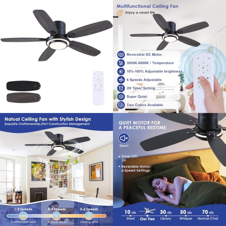 Ceiling Fan Low Profile Flush Mount - Black Ceiling Fans with Lights and